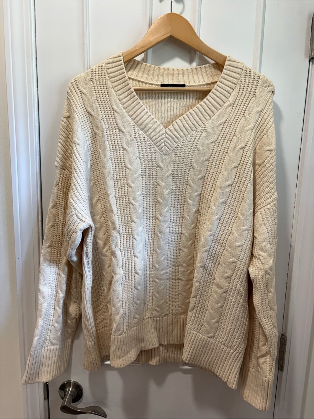 Cream Cable-Knit V-Neck Sweater